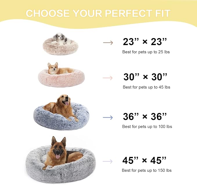 Bedfolks Calming Shag Donut Dog Bed – Round Anti-Anxiety Bolster Cushion with Non-Slip Base