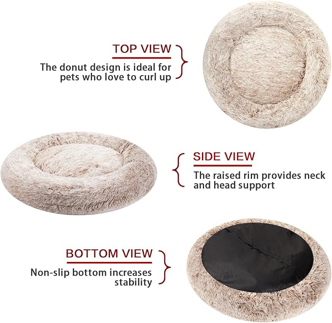 Bedfolks Calming Shag Donut Dog Bed – Round Anti-Anxiety Bolster Cushion with Non-Slip Base