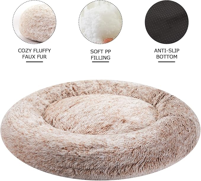 Bedfolks Calming Shag Donut Dog Bed – Round Anti-Anxiety Bolster Cushion with Non-Slip Base