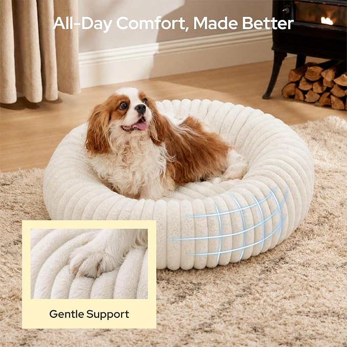Bedsure Round Donut Medium Dog Bed – Soft Plush Faux Fur Bolster Pet Cuddler with Non-Slip Bottom