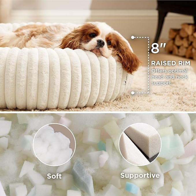 Bedsure Round Donut Medium Dog Bed – Soft Plush Faux Fur Bolster Pet Cuddler with Non-Slip Bottom