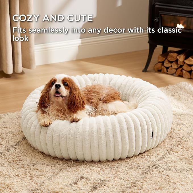 Bedsure Round Donut Medium Dog Bed – Soft Plush Faux Fur Bolster Pet Cuddler with Non-Slip Bottom