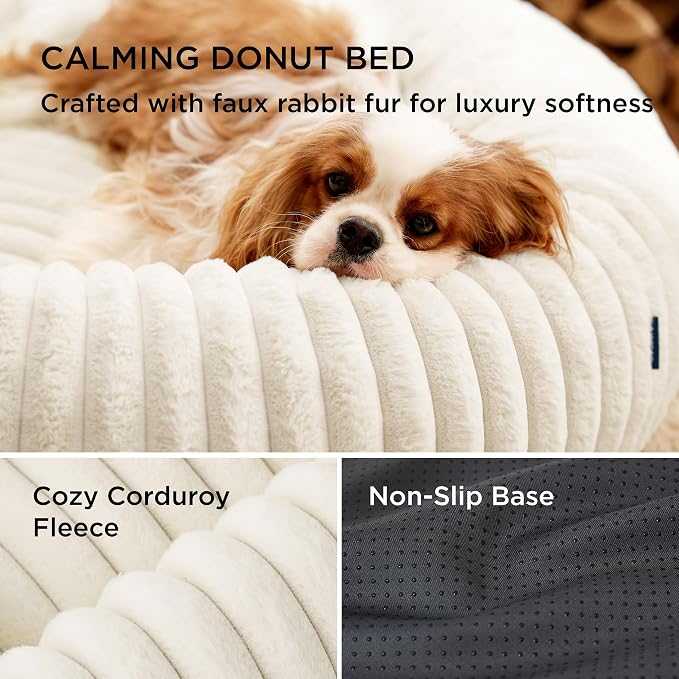 Bedsure Round Donut Medium Dog Bed – Soft Plush Faux Fur Bolster Pet Cuddler with Non-Slip Bottom