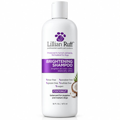 Lillian Ruff brightening shampoo bottle with coconut pieces on a white background