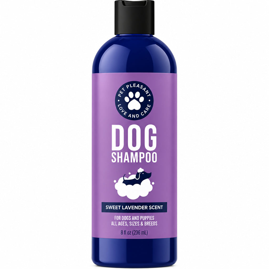 A bottle of dog shampoo with a purple label and black cap, shown on a white background with lavender flowers and green stems at the base. The label reads 'PET PLEASE! LOVE AND CARE', 'DOG SHAMPOO', and 'SWEET LAVENDER SCENT'.