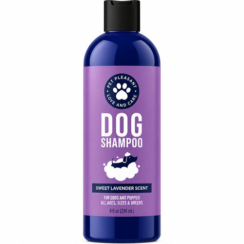 A bottle of dog shampoo with a purple label and black cap, shown on a white background with lavender flowers and green stems at the base. The label reads 'PET PLEASE! LOVE AND CARE', 'DOG SHAMPOO', and 'SWEET LAVENDER SCENT'.