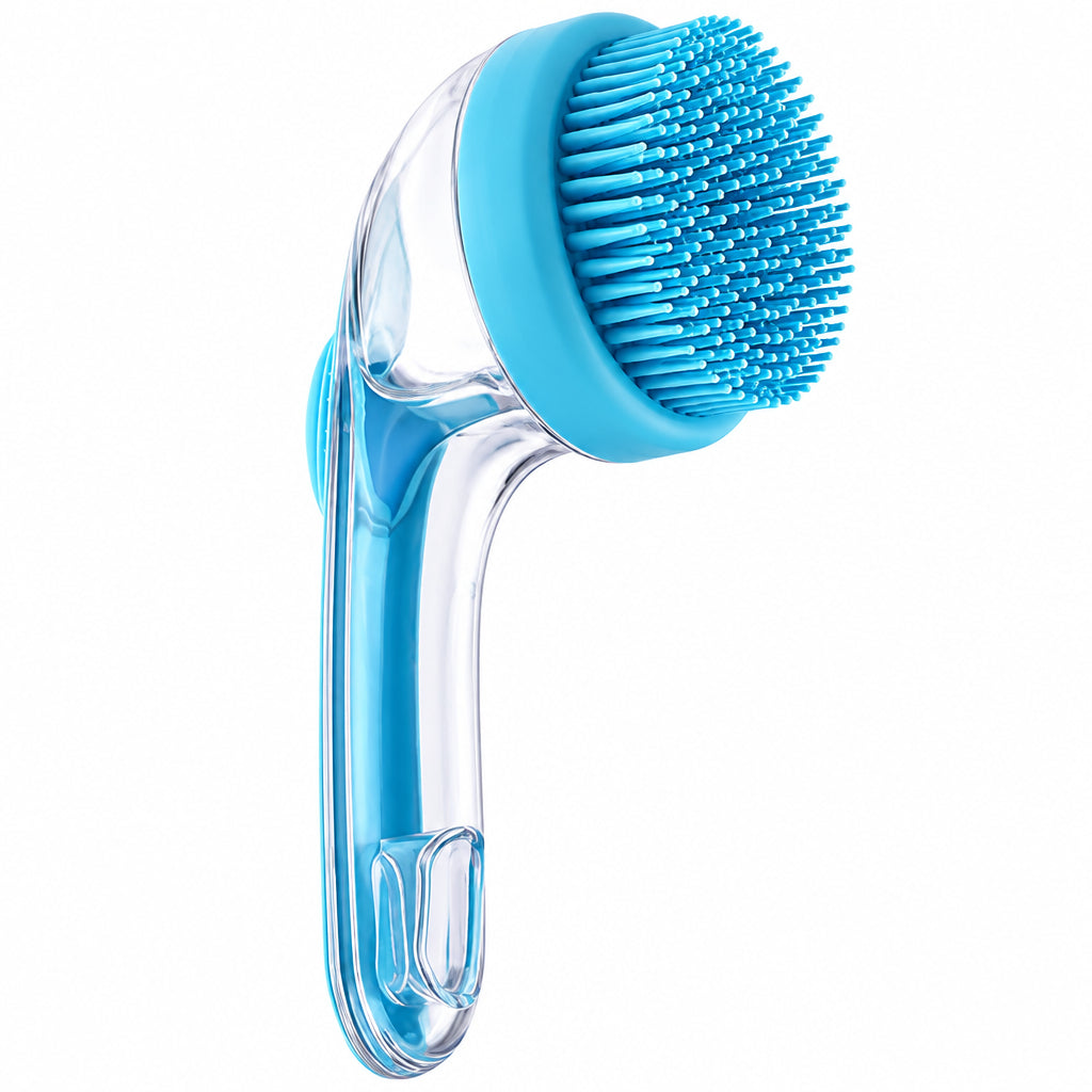 A silicone neck massager brush set with a clear handle, light blue silicone bristles, a blue oval scrubber pad, and three interchangeable brush tip covers in light blue, green, and teal. A hand holds one of the oval pads in the top right corner, and a '6 pack' badge is in the top right corner.