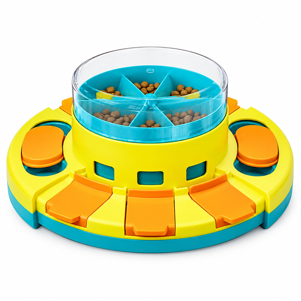 Colorful puzzle toy for pets with a dog interacting with it on a white background