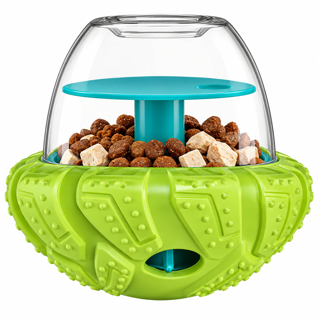 Green and clear dog toy with food compartments on a white background