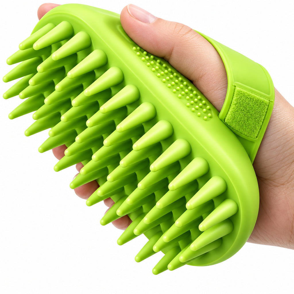 Green silicone scrubber held in a hand against a white background