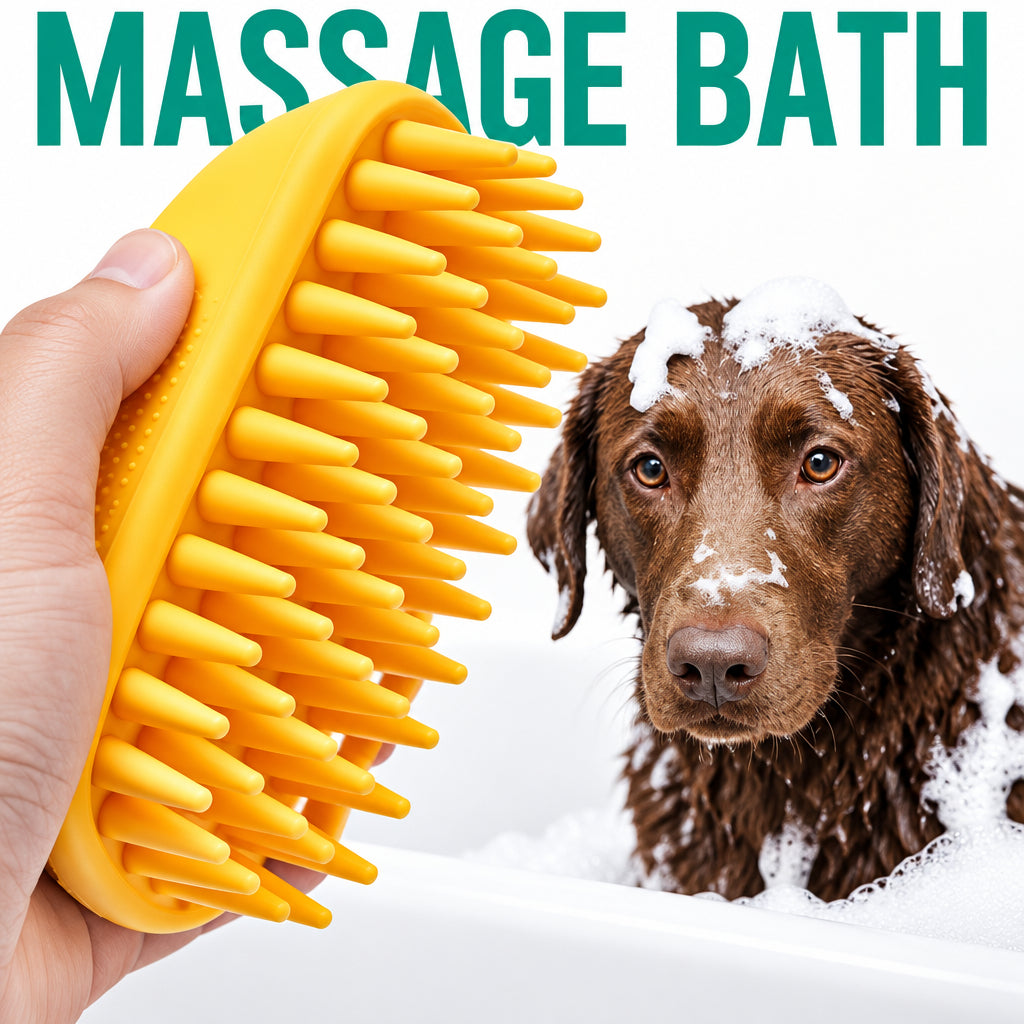 Yellow massage bath brush with a dog being washed in the background