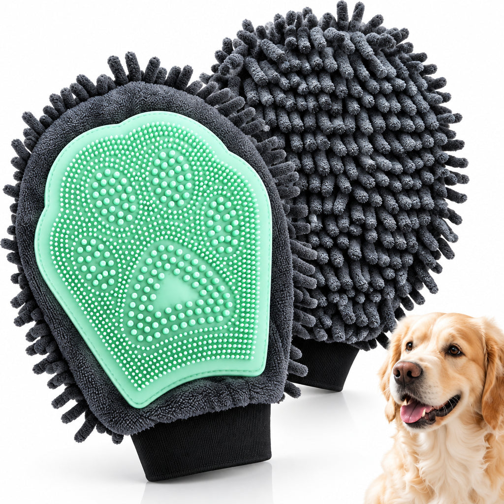 Pet grooming brush with green silicone pad and gray bristles, next to a dog.