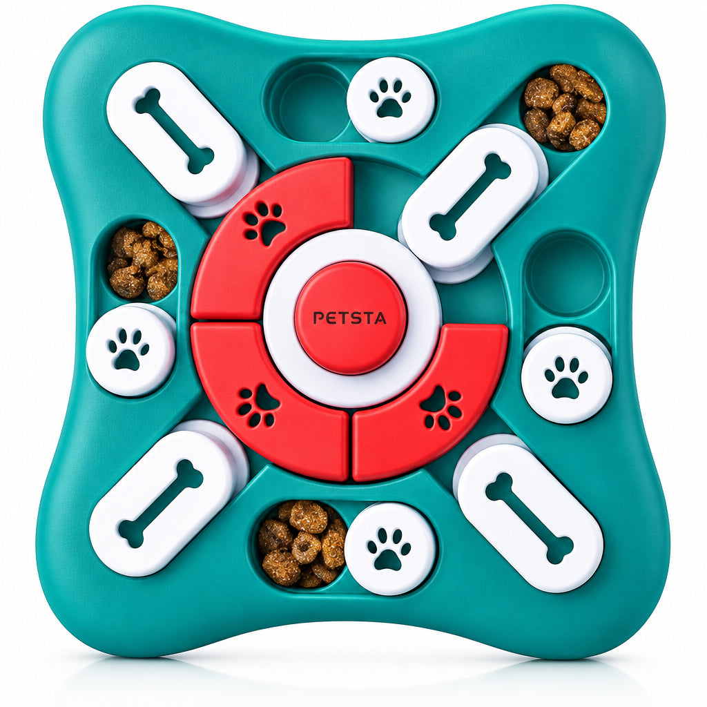 A teal and red PETSTA pet puzzle toy with white bone and paw-print pieces, shown on a white background with a zoom text overlay.